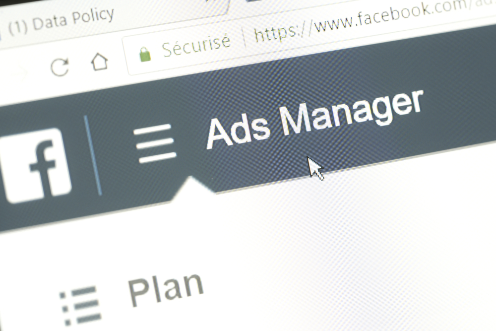 Houilles, France - April 10, 2018:Word "Ads Manager" of the Facebook website with the mouse cursor positioned on it. This menu allows to create advertising campaigns targeted on the social network